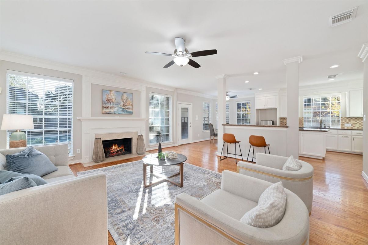 Dining room, Fireplace, Interior, Kitchen, Living room, Recessed Lighting, Wood Texture Flooring