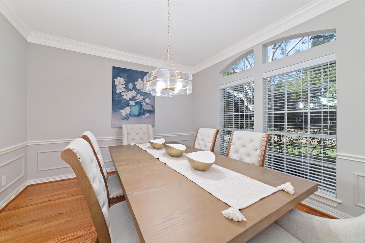 Dining room, Interior, Pendant Lights, Wood Texture Flooring