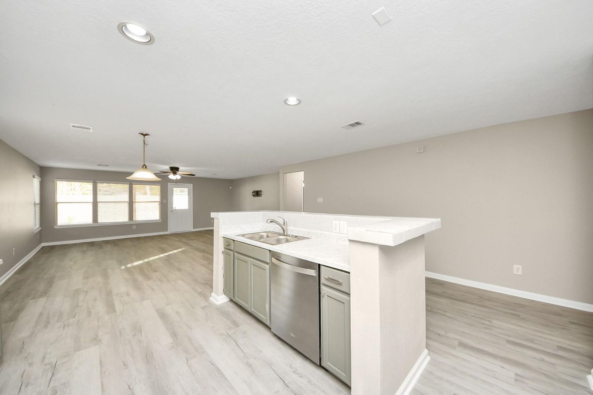 Empty room, Interior, Kitchen, Pendant Lights, Recessed Lighting, Wood Texture Flooring