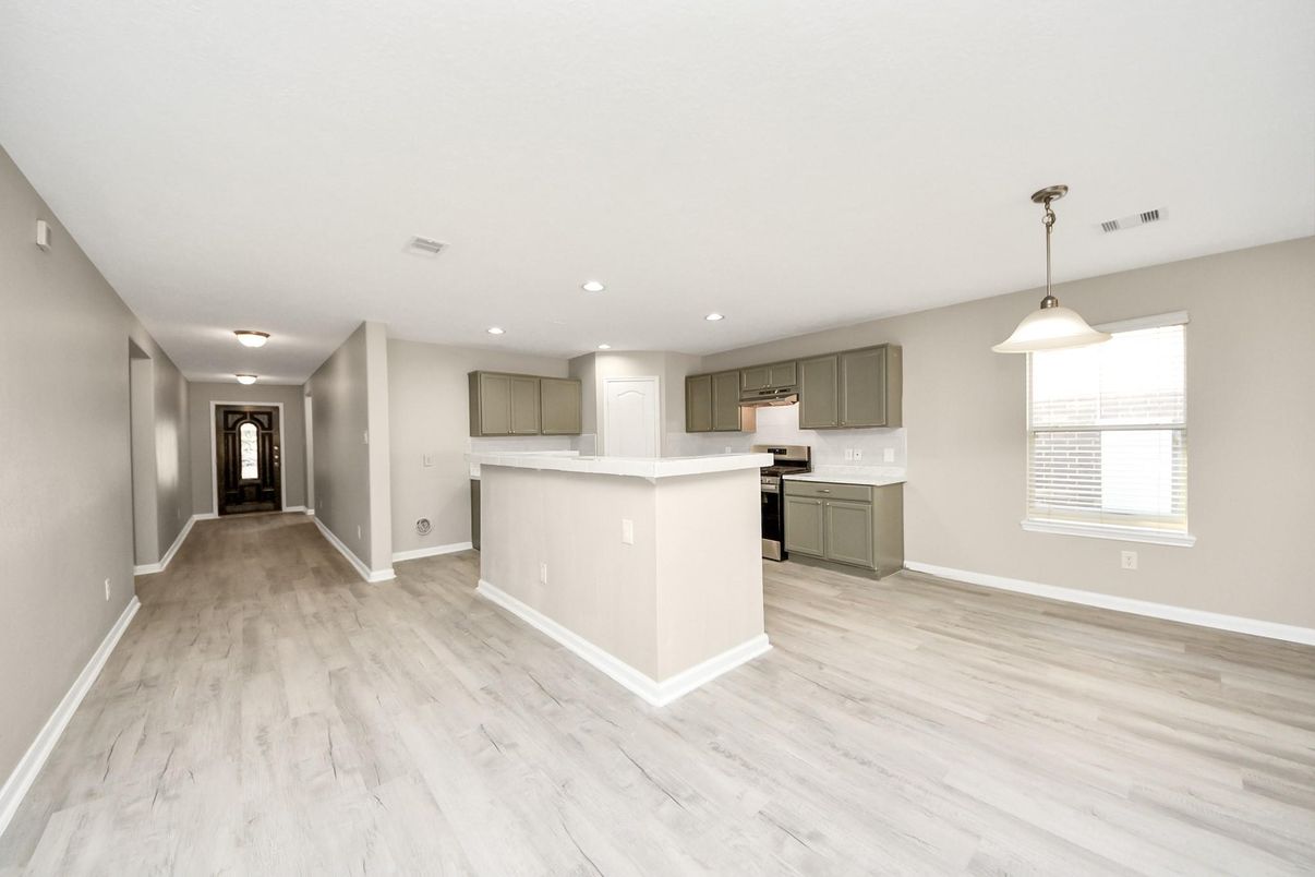 Empty room, Interior, Kitchen, Pendant Lights, Recessed Lighting, Wood Texture Flooring