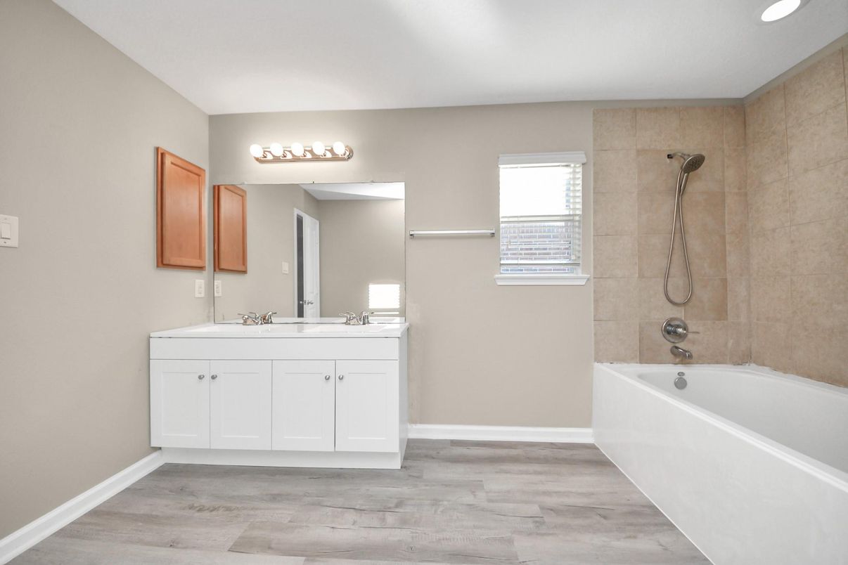 Bathroom, Dual Sink Vanities, Interior, Recessed Lighting, Wood Texture Flooring