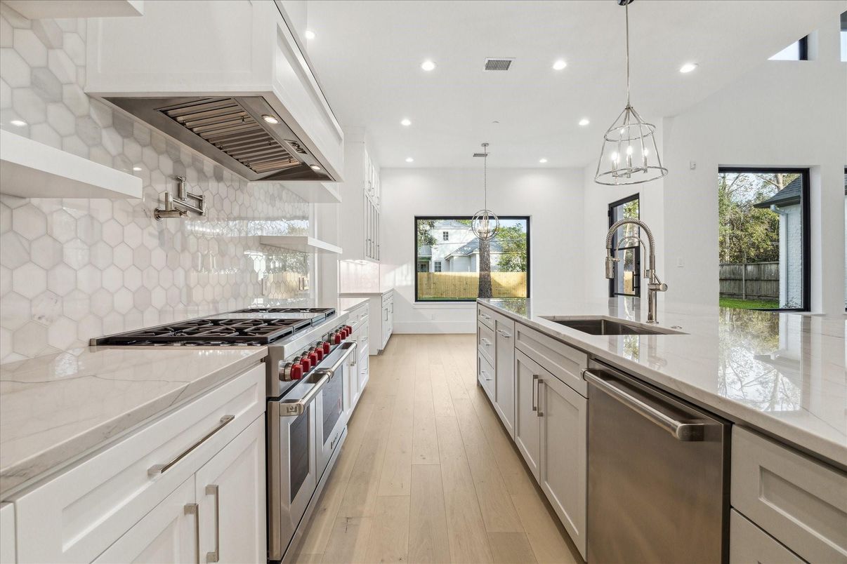 Interior, Kitchen, Pendant Lights, Recessed Lighting, Stainless Steel Appliances, Wood Texture Flooring
