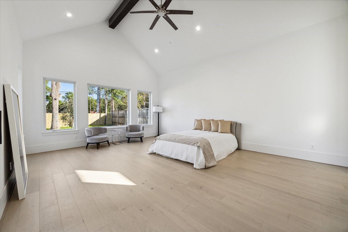 Bedroom, Interior, Recessed Lighting, Wooden Beams, Wood Texture Flooring