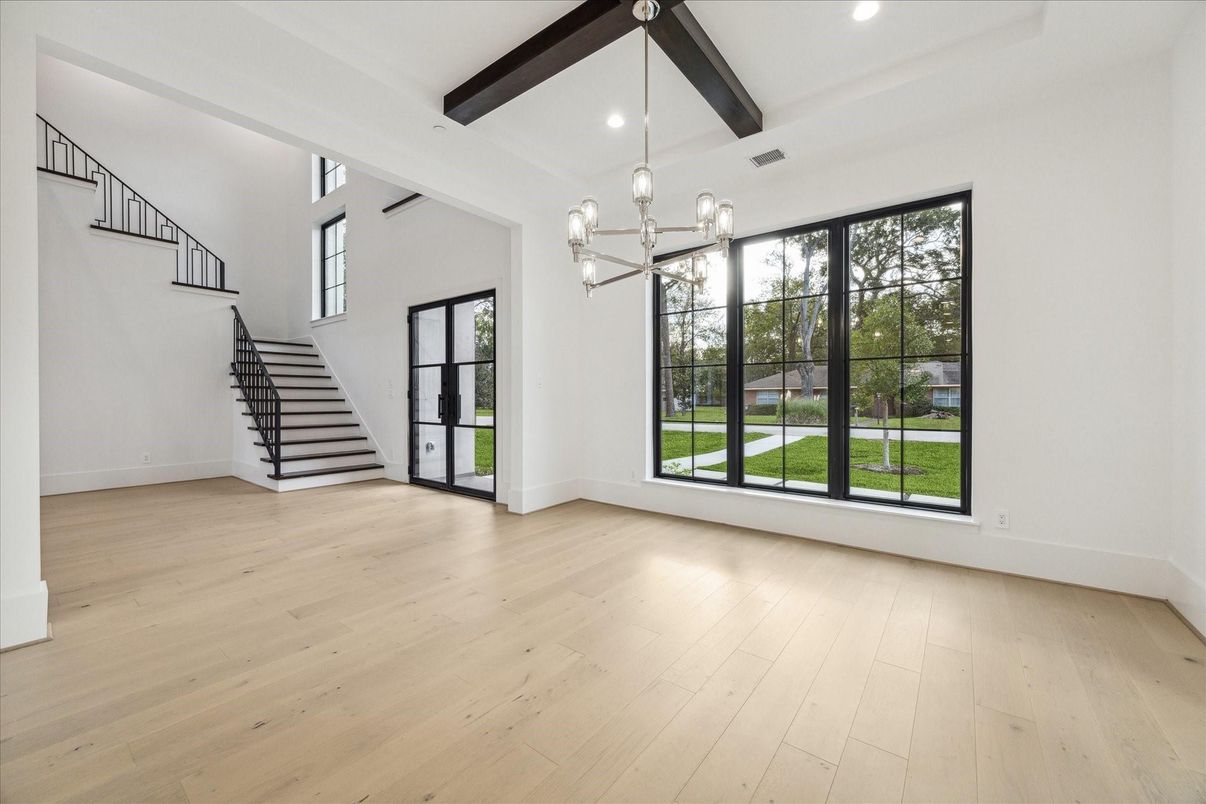 Empty room, Interior, Pendant Lights, Recessed Lighting, Wooden Beams, Wood Texture Flooring