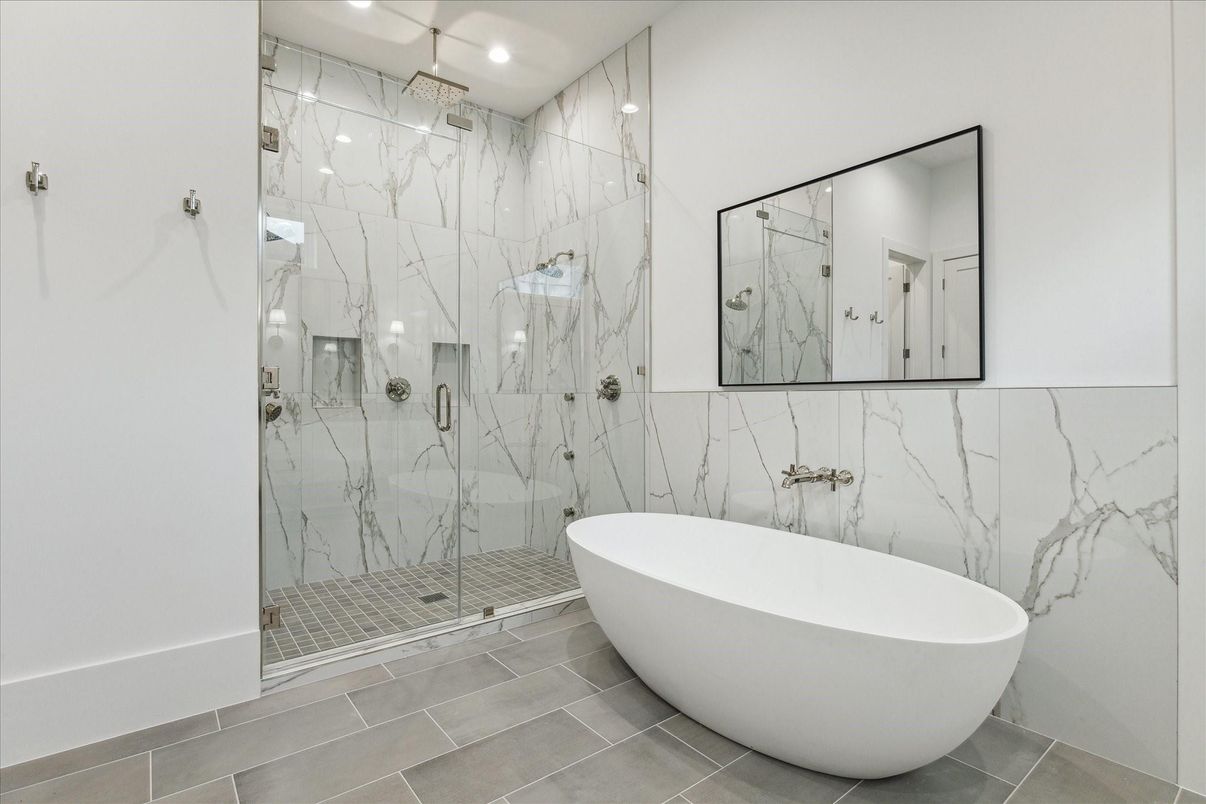 Bathroom, Free Standing Baths, Glass Shower, Interior, Marble Walls, Recessed Lighting