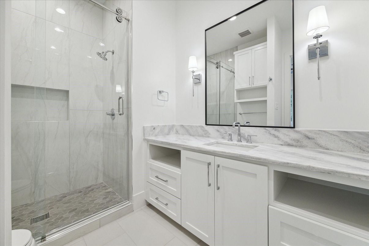 Bathroom, Glass Shower, Interior, Marble Walls, Recessed Lighting
