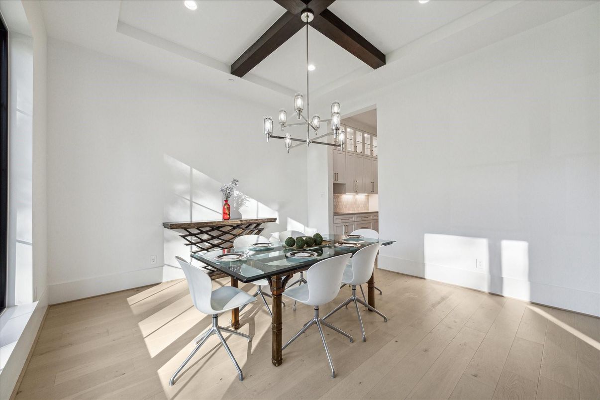 Dining room, Interior, Pendant Lights, Recessed Lighting, Wooden Beams, Wood Texture Flooring