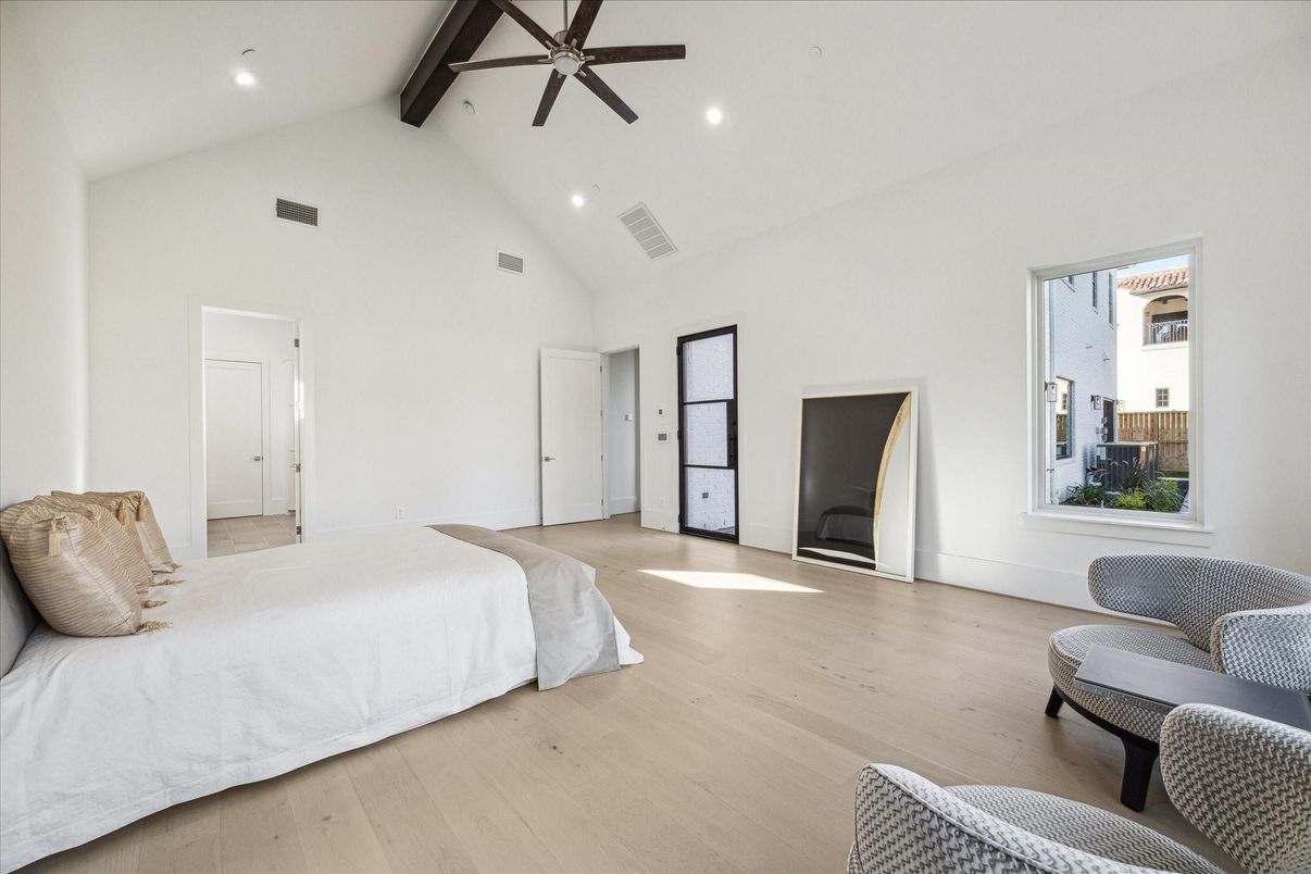 Bedroom, Interior, Recessed Lighting, Wooden Beams, Wood Texture Flooring