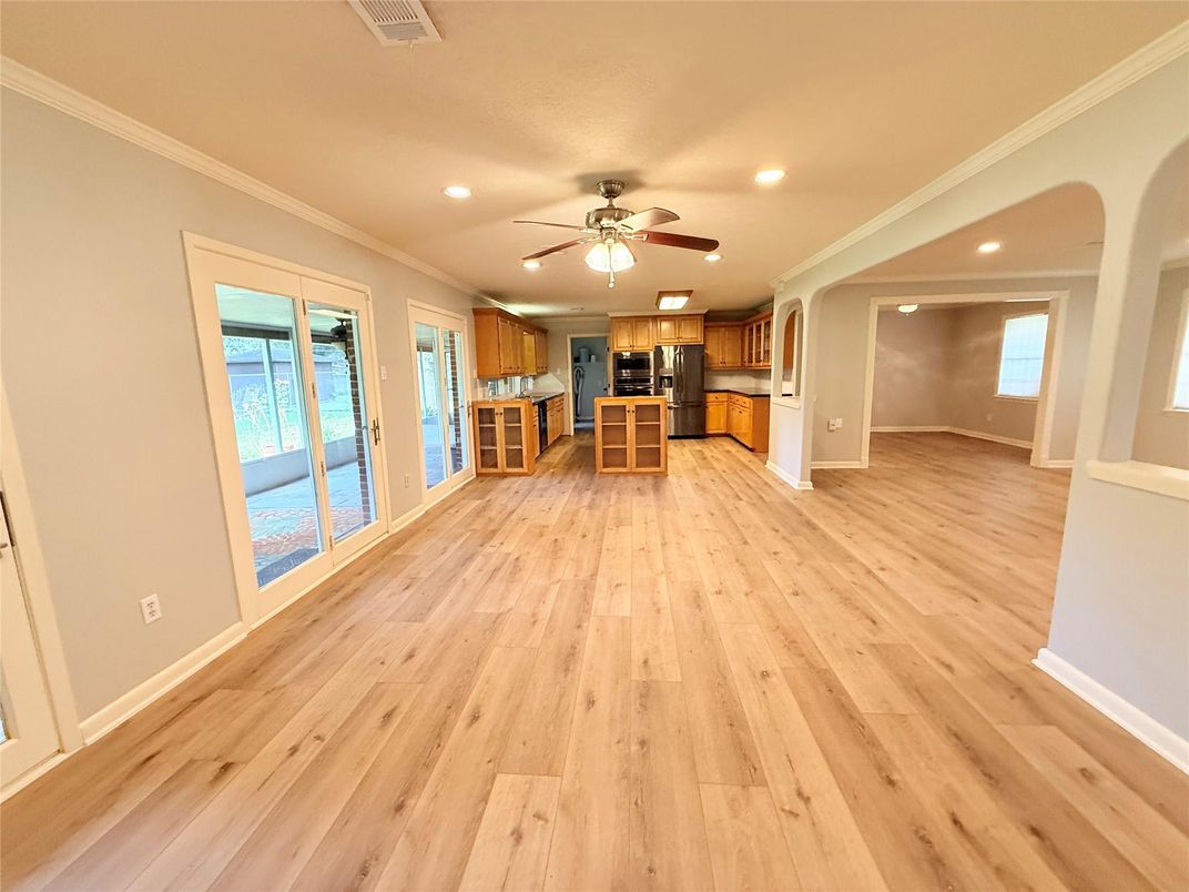Empty room, Interior, Kitchen, Recessed Lighting, Wood Texture Flooring