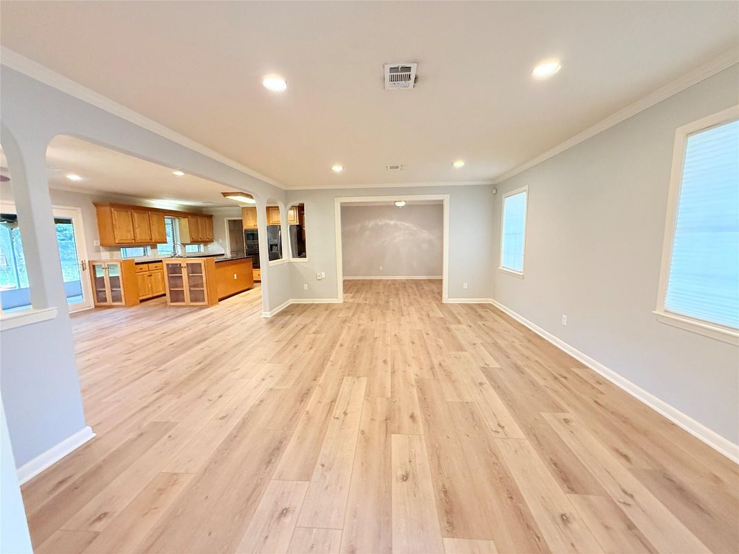 Empty room, Interior, Kitchen, Recessed Lighting, Wood Texture Flooring