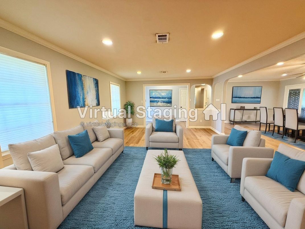 Dining room, Interior, Living room, Recessed Lighting, Wood Texture Flooring