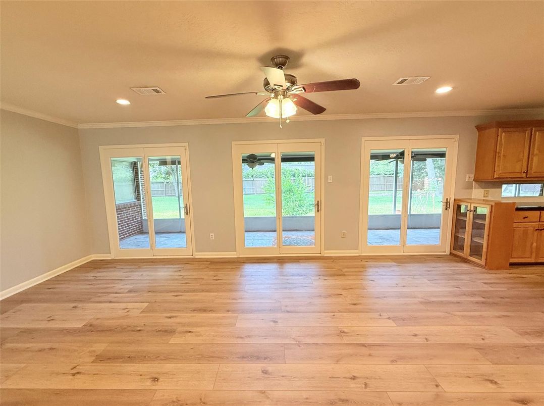 Empty room, Interior, Kitchen, Recessed Lighting, Wood Texture Flooring