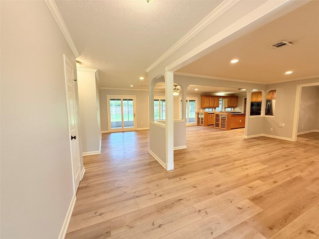 Empty room, Interior, Kitchen, Recessed Lighting, Wood Texture Flooring