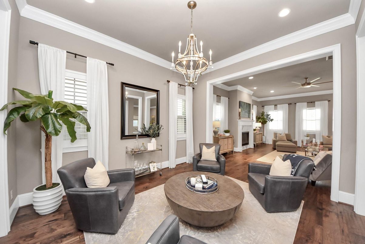 Chandelier, Fireplace, Interior, Living room, Recessed Lighting, Wood Texture Flooring