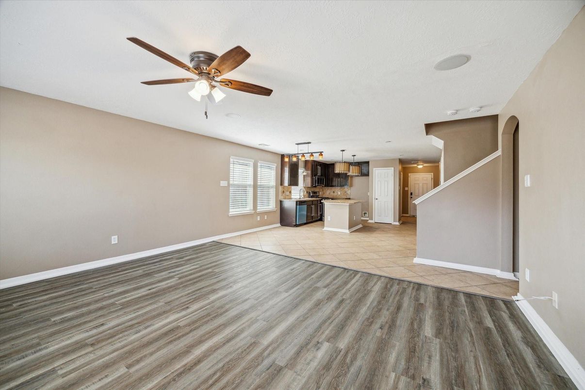 Empty room, Interior, Kitchen, Pendant Lights, Wood Texture Flooring