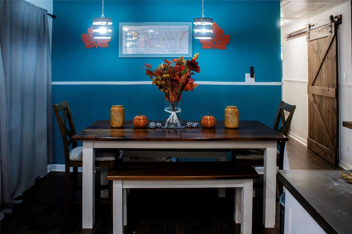Dining room, Interior, Pendant Lights, Wood Texture Flooring
