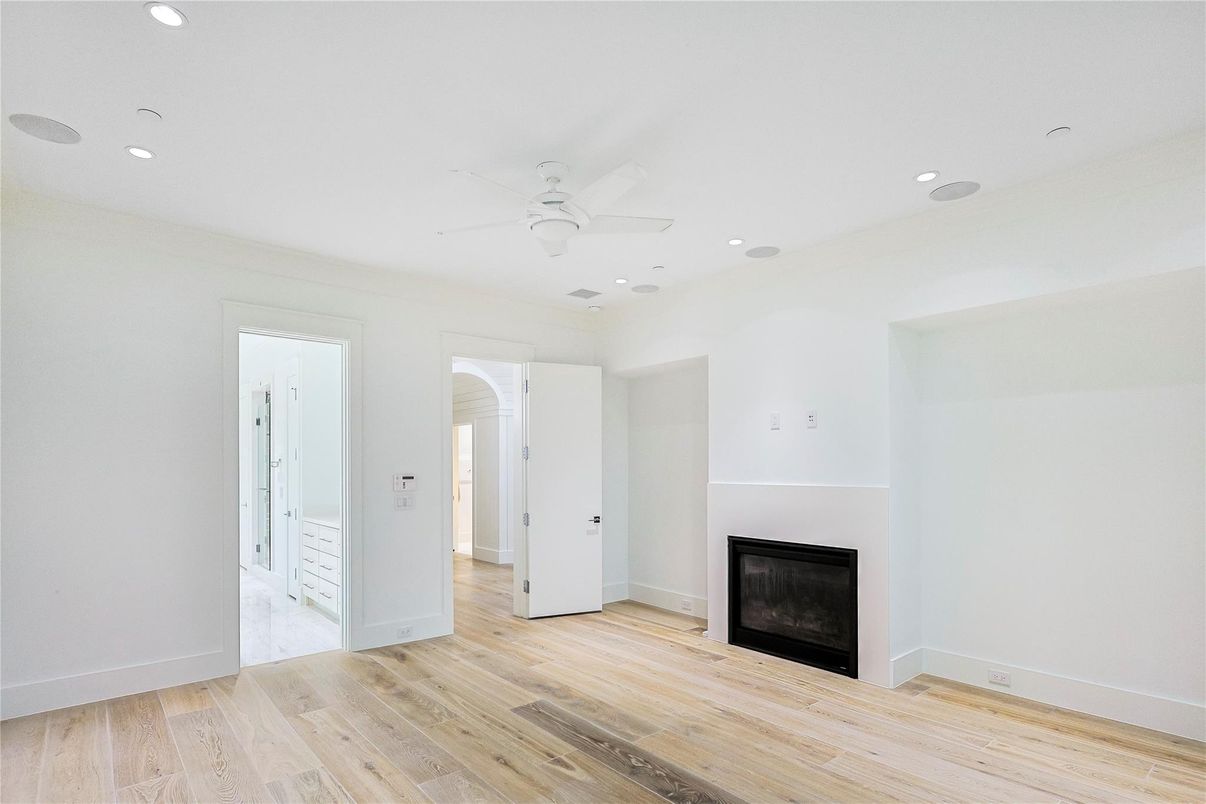 Empty room, Fireplace, Interior, Recessed Lighting, Wood Texture Flooring