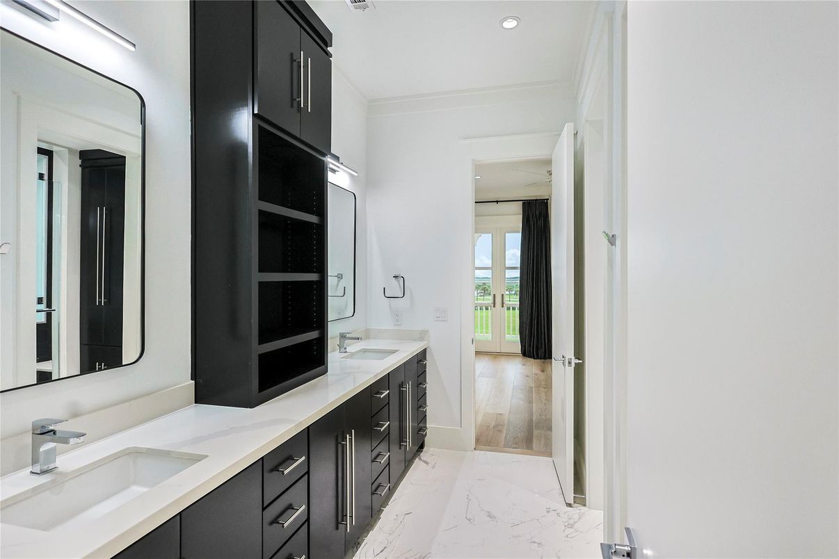 Bathroom, Dual Sink Vanities, Interior, Marble, Recessed Lighting, Wood Texture Flooring