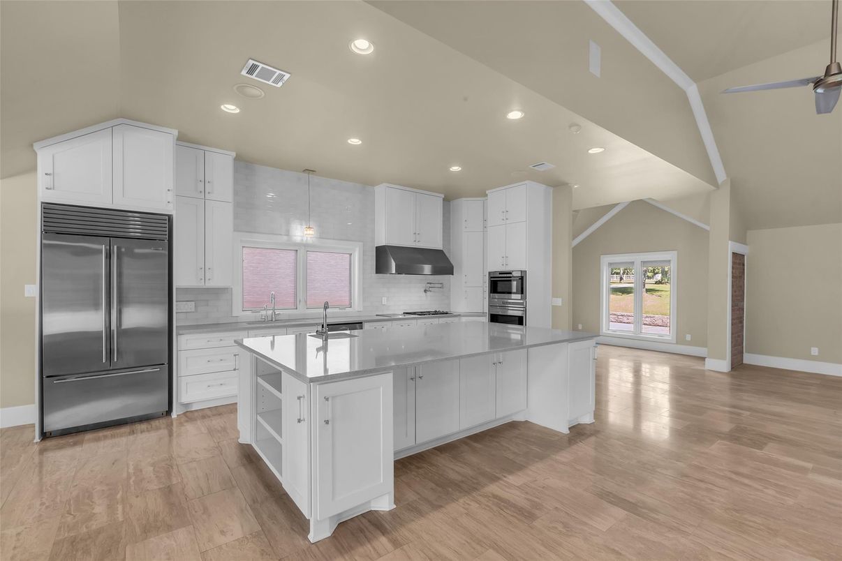 Interior, Kitchen, Pendant Lights, Recessed Lighting, Stainless Steel Appliances, Wood Texture Flooring