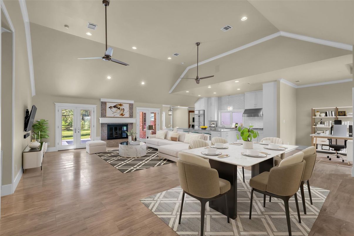 Dining room, Fireplace, Interior, Kitchen, Living room, Pendant Lights, Recessed Lighting, Wood Texture Flooring