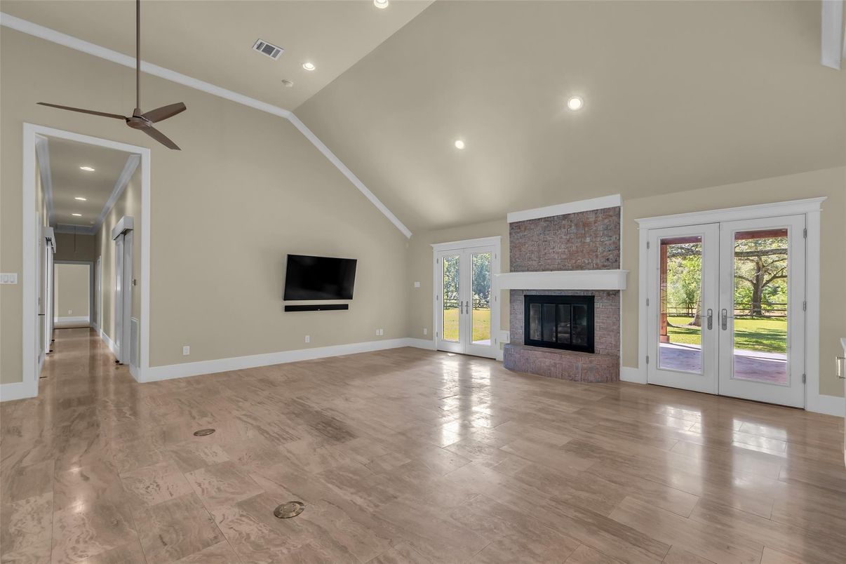 Empty room, Fireplace, Interior, Recessed Lighting, Wood Texture Flooring