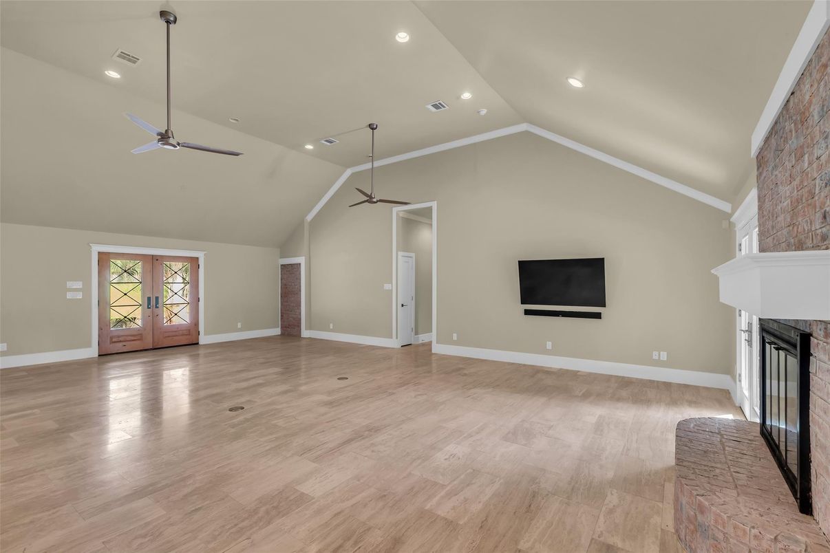 Empty room, Fireplace, Interior, Recessed Lighting, Wood Texture Flooring