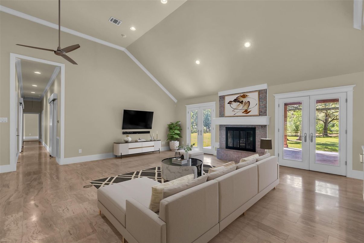 Fireplace, Interior, Living room, Recessed Lighting, Wood Texture Flooring