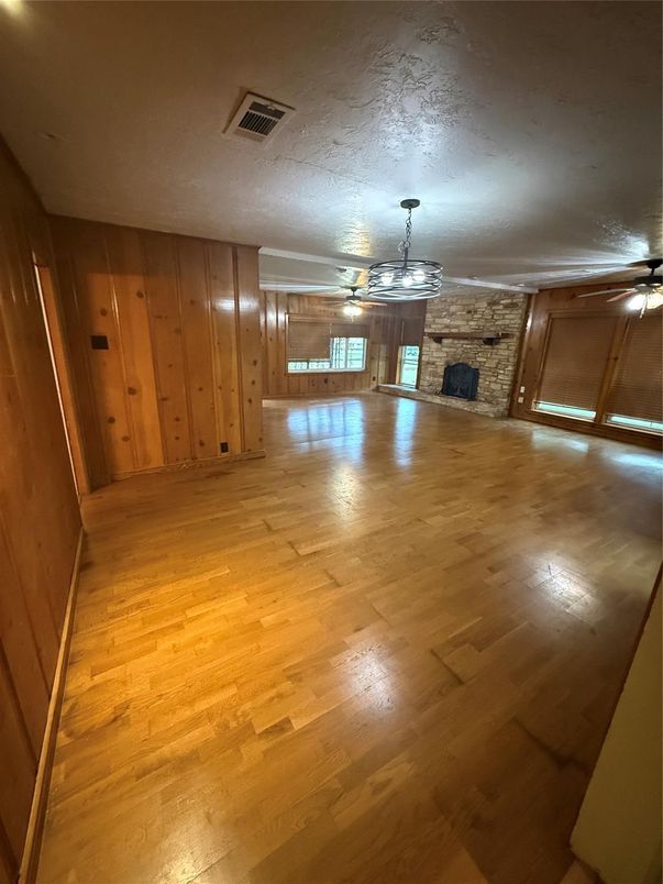 Empty room, Fireplace, Interior, Stone Walls, Wood Texture Flooring, Wooden Walls