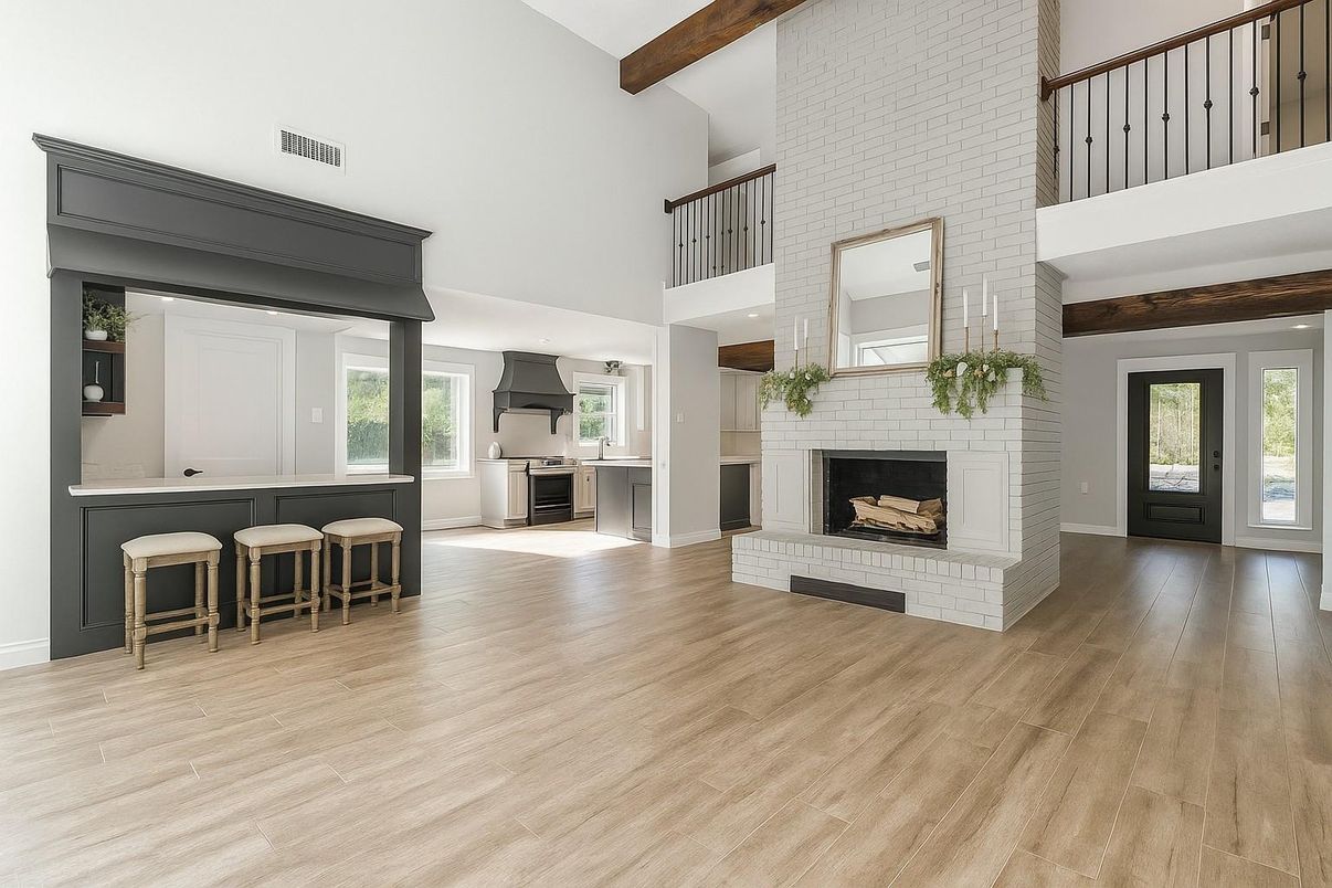 Fireplace, Interior, Kitchen, Wooden Beams, Wood Texture Flooring