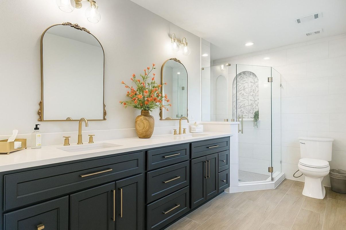Bathroom, Dual Sink Vanities, Glass Shower, Interior, Recessed Lighting
