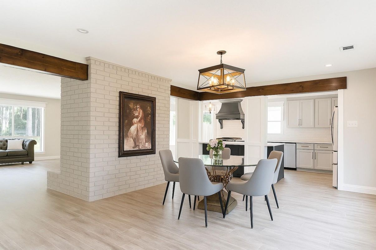 Chandelier, Dining room, Interior, Kitchen, Recessed Lighting, Stone Walls, Wooden Beams, Wood Texture Flooring
