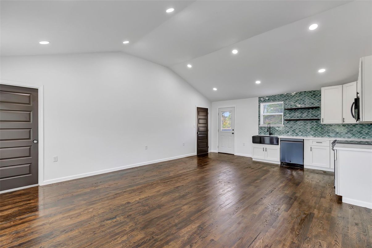 Empty room, Interior, Kitchen, Recessed Lighting, Wood Texture Flooring