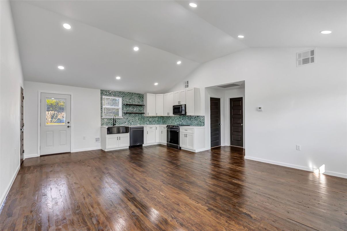 Empty room, Interior, Kitchen, Recessed Lighting, Wood Texture Flooring