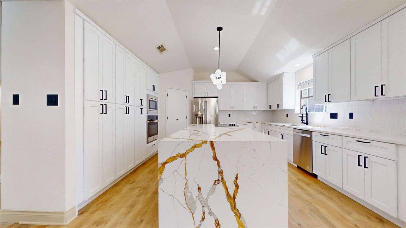 Interior, Kitchen, Pendant Lights, Recessed Lighting, Stainless Steel Appliances, Wood Texture Flooring