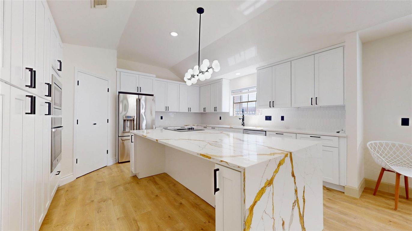 Chandelier, Interior, Kitchen, Pendant Lights, Recessed Lighting, Stainless Steel Appliances, Wood Texture Flooring