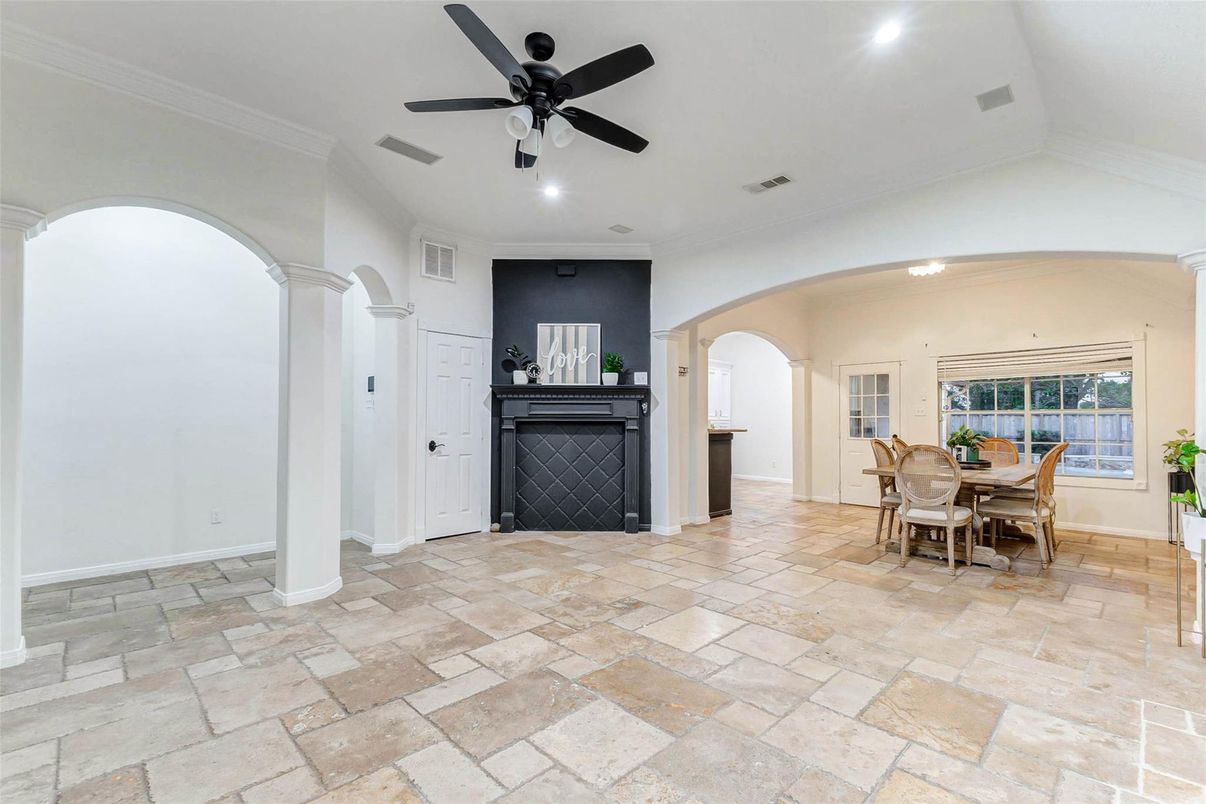 Dining room, Fireplace, Interior, Recessed Lighting