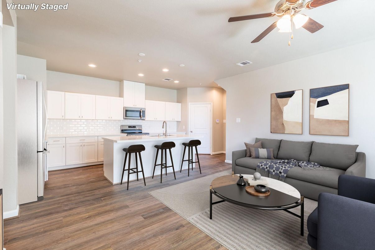 Interior, Kitchen, Living room, Recessed Lighting, Wood Texture Flooring