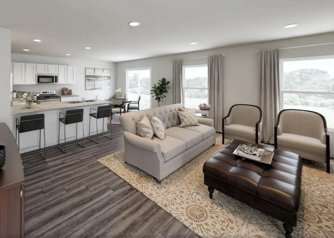 Dining room, Interior, Kitchen, Living room, Recessed Lighting, Stainless Steel Appliances, Wood Texture Flooring