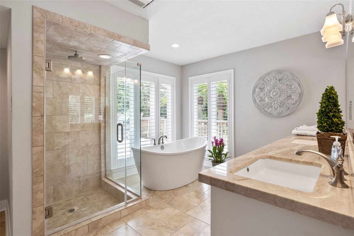 Bathroom, Dual Sink Vanities, Free Standing Baths, Glass Shower, Interior, Recessed Lighting