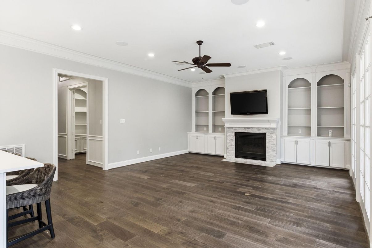 Empty room, Fireplace, Interior, Recessed Lighting, Wood Texture Flooring