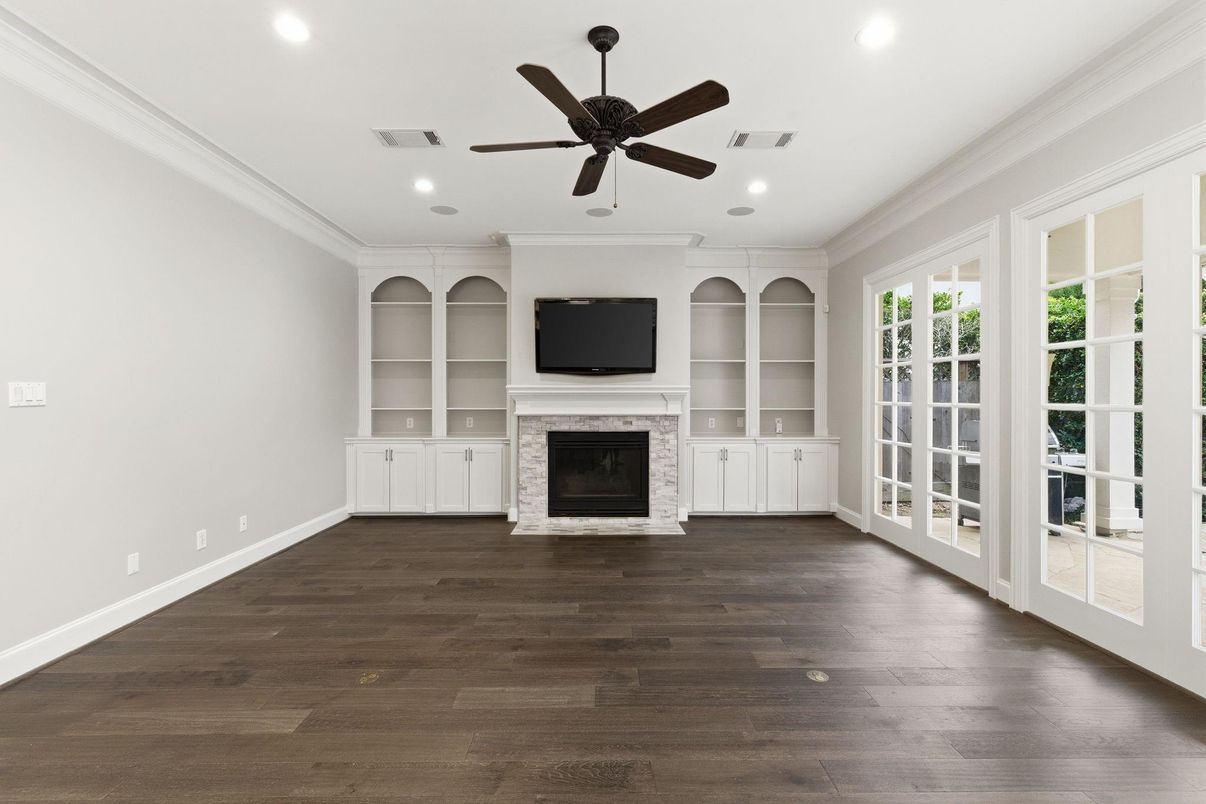 Empty room, Fireplace, Interior, Recessed Lighting, Wood Texture Flooring