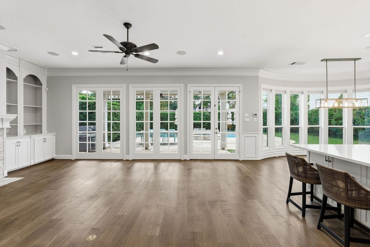 Empty room, Interior, Pendant Lights, Recessed Lighting, Wood Texture Flooring