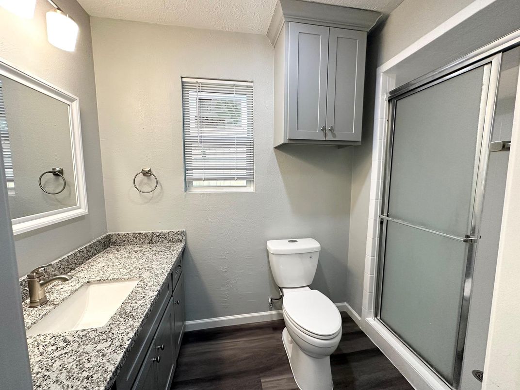 Bathroom, Glass Shower, Interior, Wood Texture Flooring