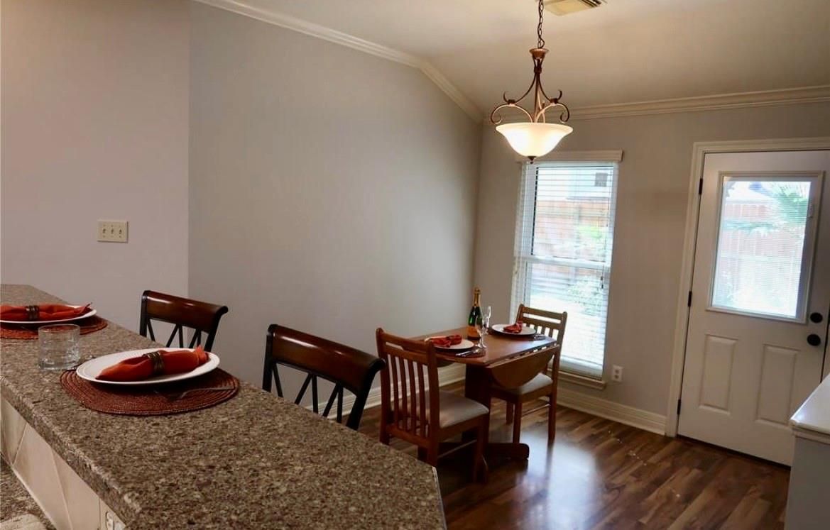 Dining room, Interior, Pendant Lights, Wood Texture Flooring
