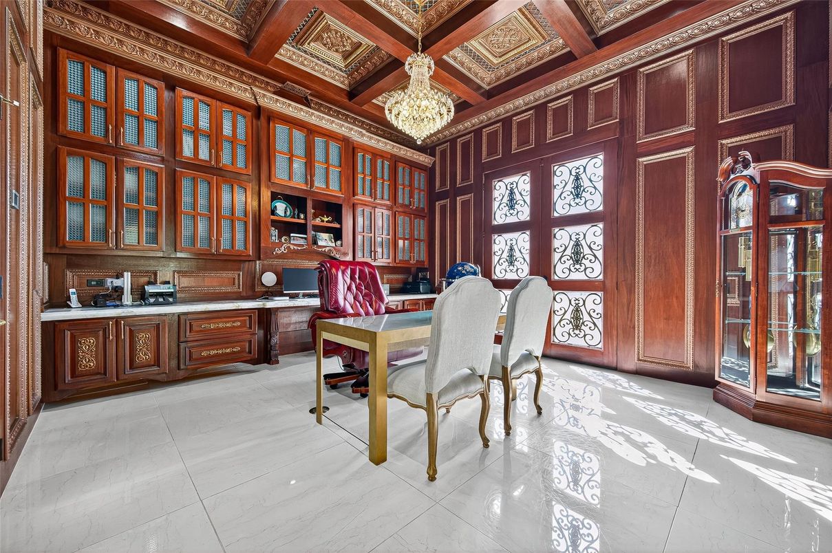 Chandelier, Home Office, Interior, Marble, Wooden Beams, Wooden Ceilings, Wooden Walls