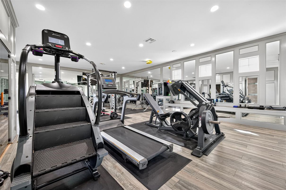 Fitness Equipment, Gym, Interior, Recessed Lighting, Wood Texture Flooring