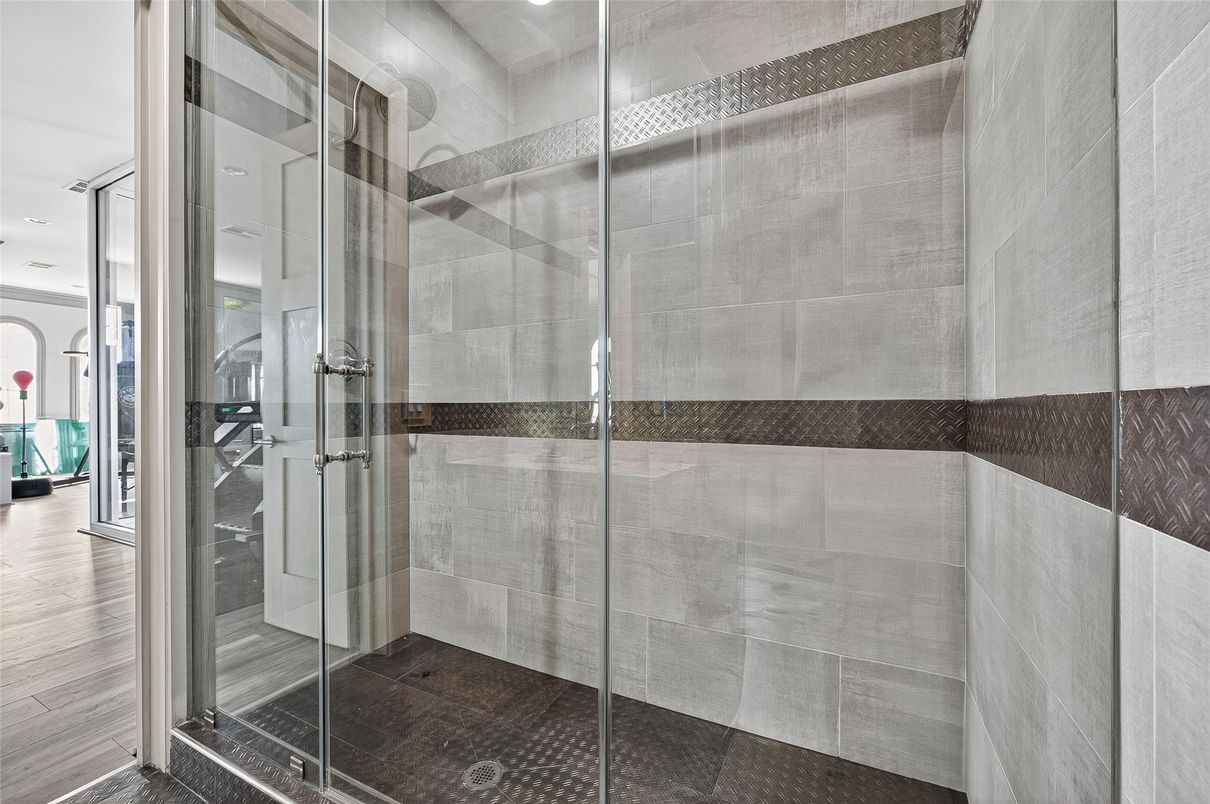 Bathroom, Glass Shower, Interior, Recessed Lighting, Wood Texture Flooring