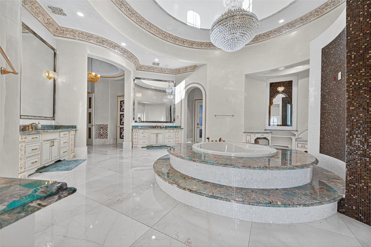 Bathroom, Chandelier, Interior, Marble, Recessed Lighting