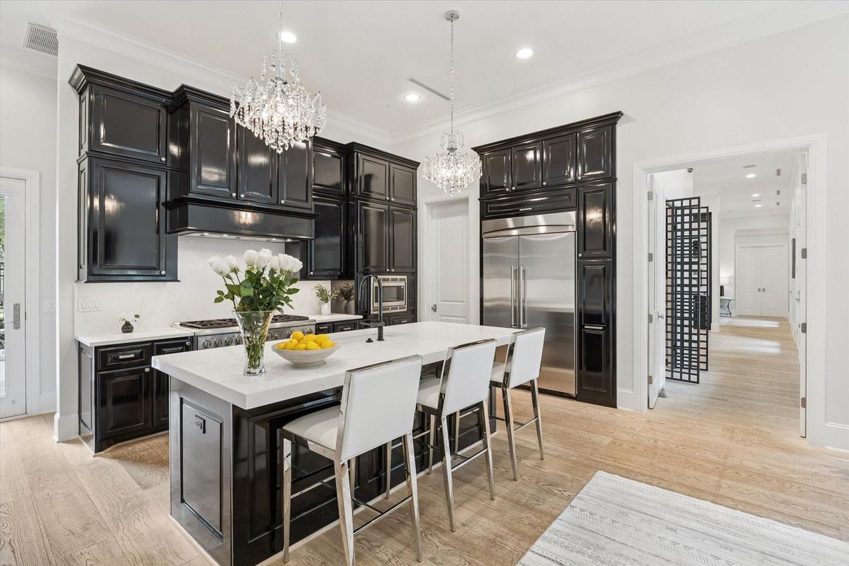 Chandelier, Interior, Kitchen, Recessed Lighting, Stainless Steel Appliances, Wood Texture Flooring