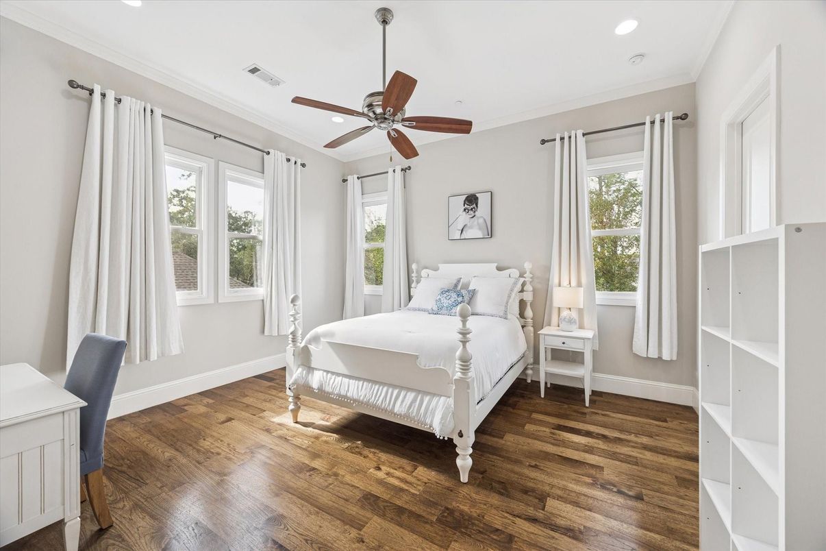 Bedroom, Interior, Recessed Lighting, Wood Texture Flooring